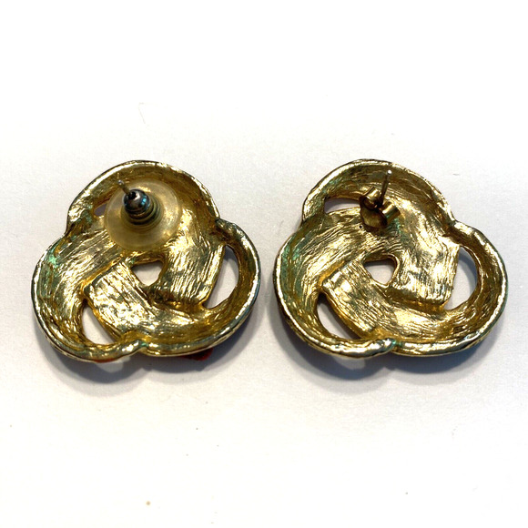 Vintage 1980’s Pierced Earrings Chunky Boss Lady Swirl Enamel Goldtone Pink Rose - Picture 4 of 6